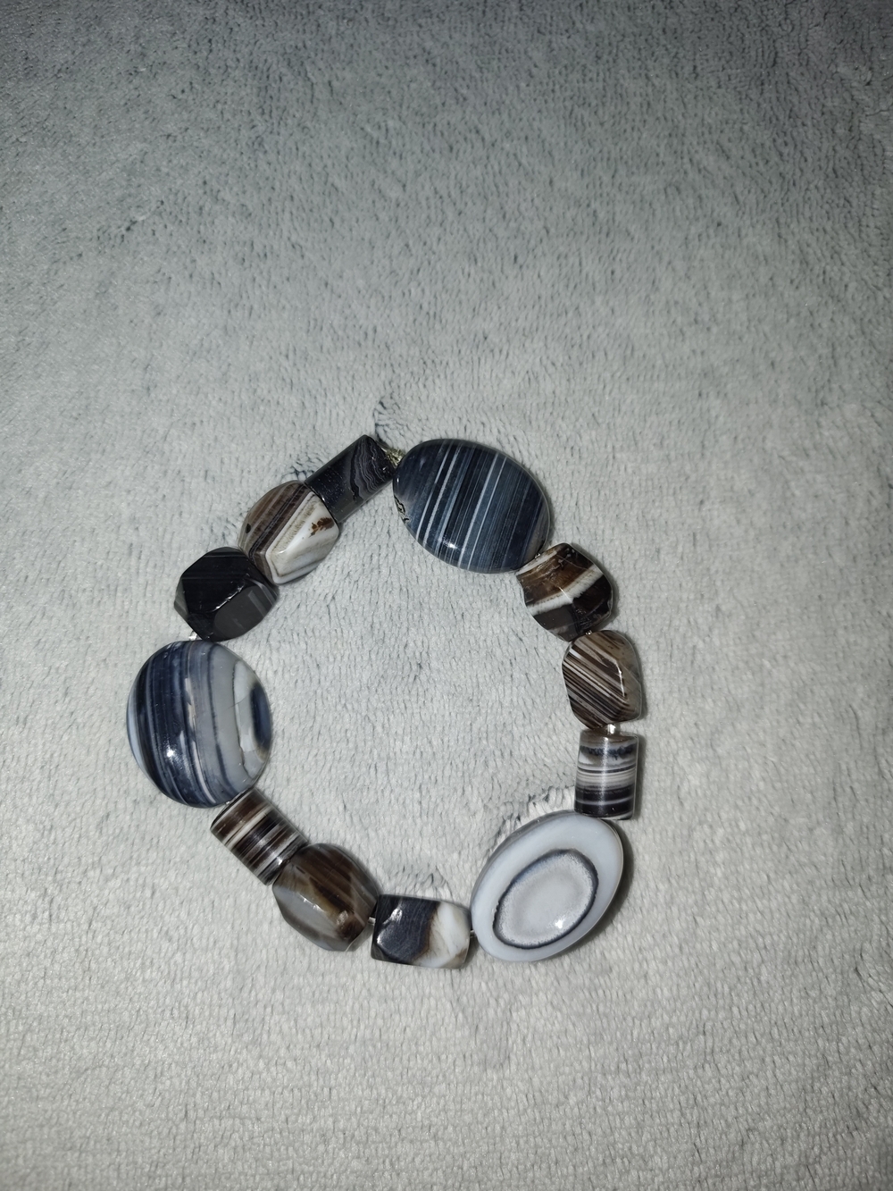 Striped Agate Bead Stretch Bracelet - Gray, White, Brown - Handmade Jewelry